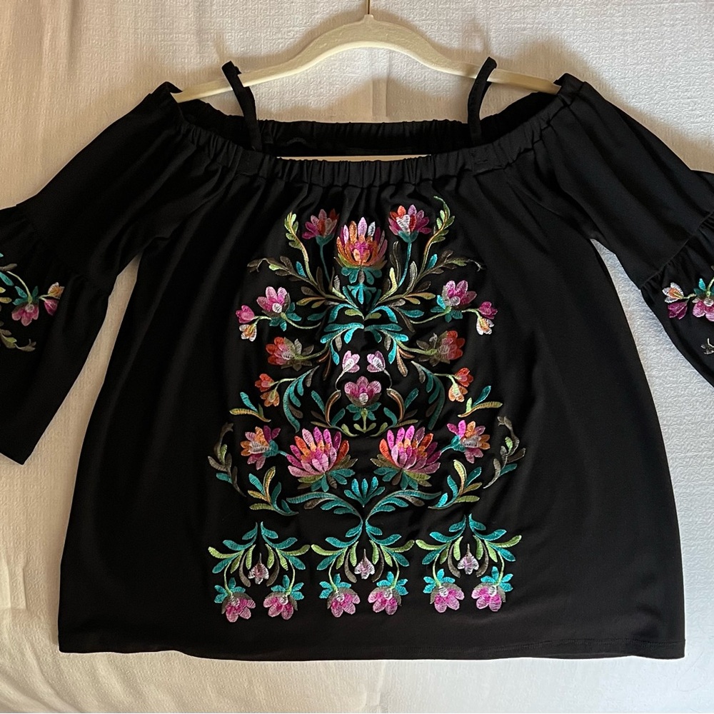 Embroidered Black Floral Women's Top